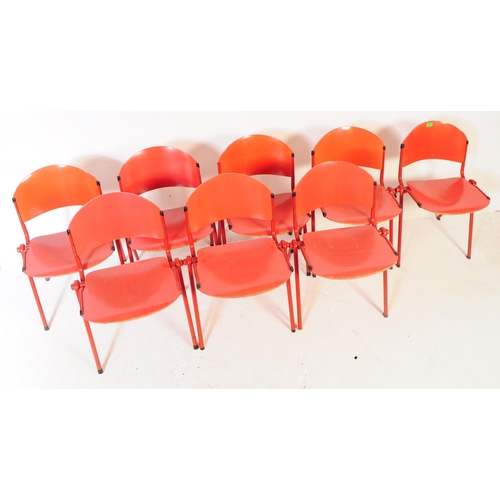 644 - Set of eight mid 20th century Dutch Scandinavian red colourway dining chairs. With curved painted be... 