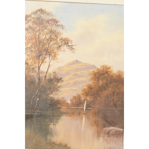 690 - F.Lynne - A 19th century Victorian gilt framed oil on canvas painting depicting a boat on lake / riv... 