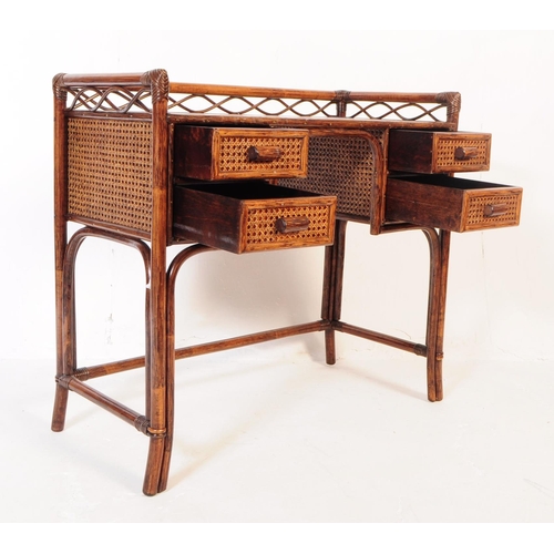 754 - 20th century bamboo writing table desk with inset glass top over a rattan weave top. Series of drawe... 