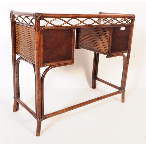 754 - 20th century bamboo writing table desk with inset glass top over a rattan weave top. Series of drawe... 