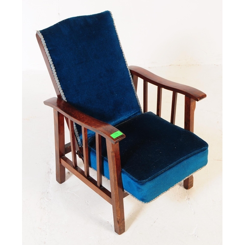 778 - 1930s Art Deco oak frame upholstered children's armchair. Shaped arms with oak elbow rests and blue ... 