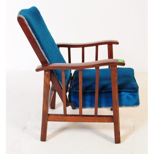 778 - 1930s Art Deco oak frame upholstered children's armchair. Shaped arms with oak elbow rests and blue ... 