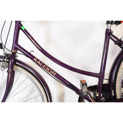 788 - Raleigh - A vintage 20th century ladies Raleigh step through hybrid push bike / bicycle. Of purple c... 