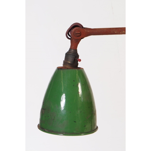 789 - A vintage mid 20th century industrial factory work lamp light. Having a green enamelled conical shad... 