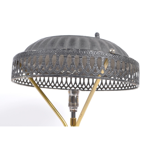 748 - A late 20th century brass tripod table lamp with pressed tin lampshade with pierced decoration shade... 