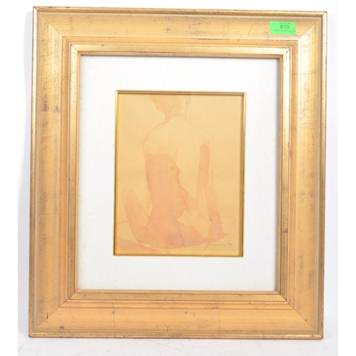 610 - A watercolour on paper portrait painting depicting nude female seated from behind. Signed and dated ... 