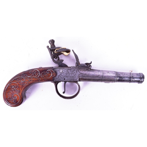 155 - An 18th Century Joiner of London made flintlock pocket / muff pistol. Cannon barrel, foliate engrave... 