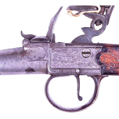 155 - An 18th Century Joiner of London made flintlock pocket / muff pistol. Cannon barrel, foliate engrave... 