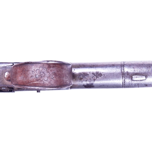 155 - An 18th Century Joiner of London made flintlock pocket / muff pistol. Cannon barrel, foliate engrave... 