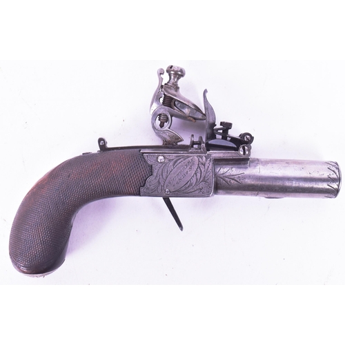 16 - A 19th Century John Jones & Son flintlock pistol. Turn-off barrel, foliate engraved lock plate, work... 