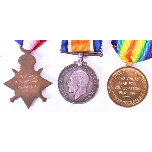 170 - A WWI First World War medal trio and death plaque from one J. 21416 H. H Edwards Able Body Seamen of... 