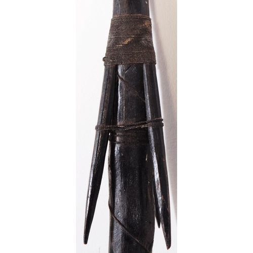 173 - A 20th Century vintage Africa tribal barbed fishing spear. Lacquered wood with a pointed tip, string... 