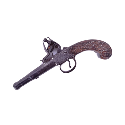 22 - An 18th Century T Smith of Worcester made flintlock pocket pistol. Cannon barrel, foliate engraved l... 