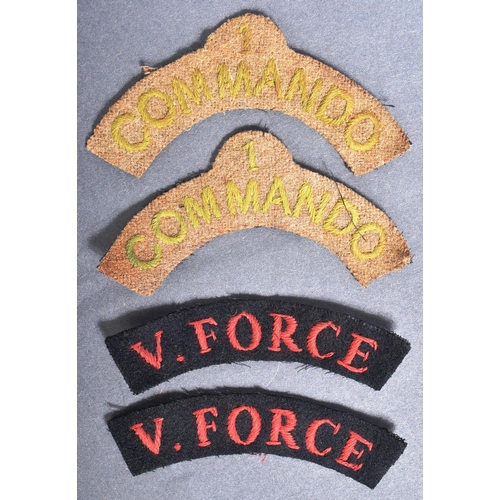 221 - A collection of WWII Second World War British Army uniform cloth patches comprising V Force reconnai... 