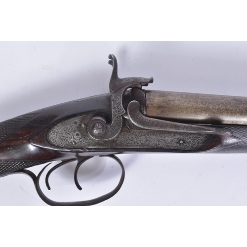 25 - An antique 19th century 12 bore pinfire percussion shotgun by JV Needham of Birmingham. Foliate engr... 