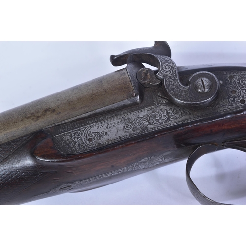 25 - An antique 19th century 12 bore pinfire percussion shotgun by JV Needham of Birmingham. Foliate engr... 