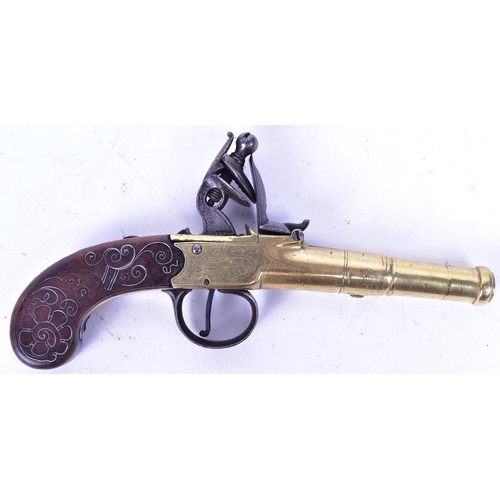 270 - An 18th Century Flintlock pocket pistol by Bunney of London. Brass cannon barrel with proof marks to... 