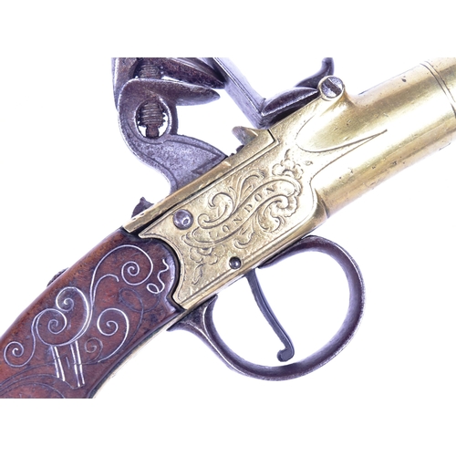 270 - An 18th Century Flintlock pocket pistol by Bunney of London. Brass cannon barrel with proof marks to... 