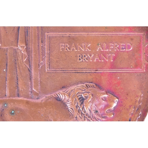 271 - A WWI First World War Death Plaque / Death Penny to one Frank Alfred Bryant. Measures approx 12cm.