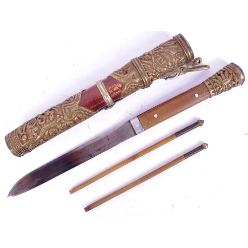 276 - A vintage Chinese travelling knife and bamboo chopsticks set (Trousse) housed in a wooden scabbard w... 