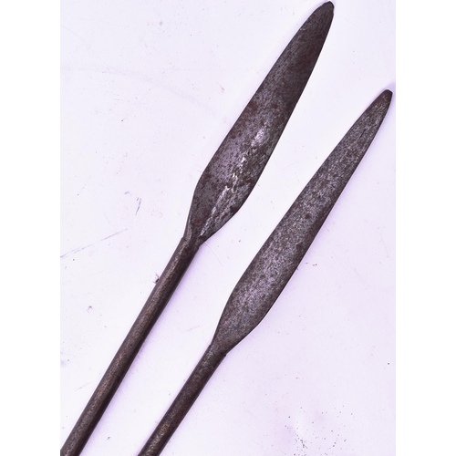 302 - A pair of South African Zulu Assegai / Spears. Leaf shaped tips with a metal shaft, wire banding and... 