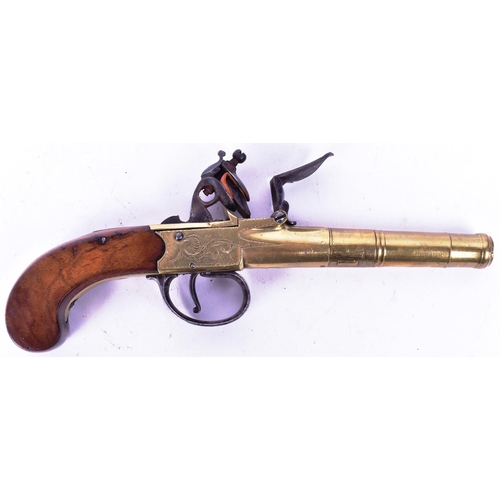 33 - A 18th Century T Archer of London made flintlock pocket pistol. Brass cannon barrel with x3 proof ma... 