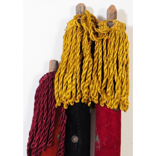 341 - Three reenactment medieval style pole axes. Wooden shafts covered in velvet and tassels topped with ... 