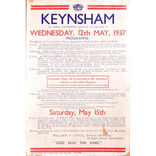 375 - Local Interest - an original 1937 King George VI Coronation poster detailing the celebrations in Key... 