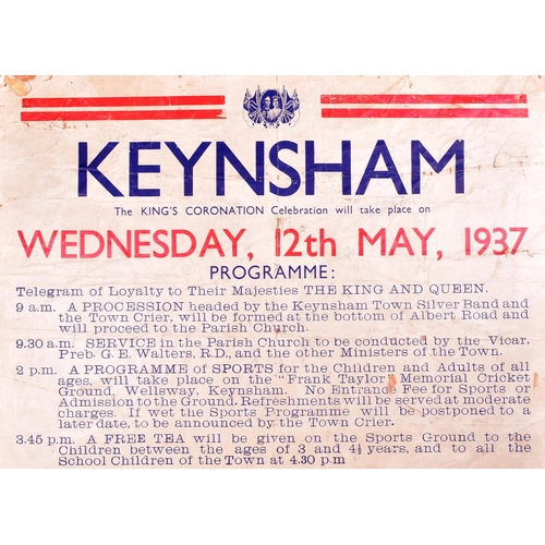 375 - Local Interest - an original 1937 King George VI Coronation poster detailing the celebrations in Key... 