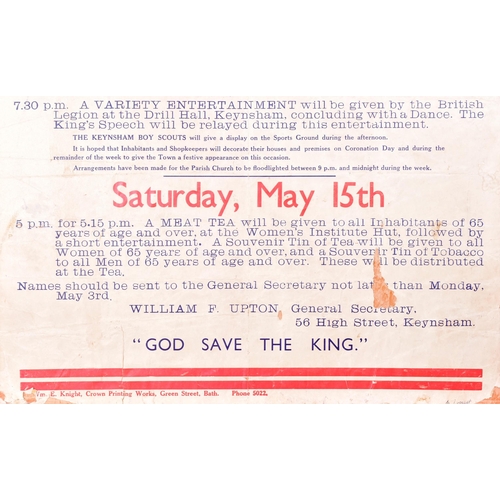 375 - Local Interest - an original 1937 King George VI Coronation poster detailing the celebrations in Key... 