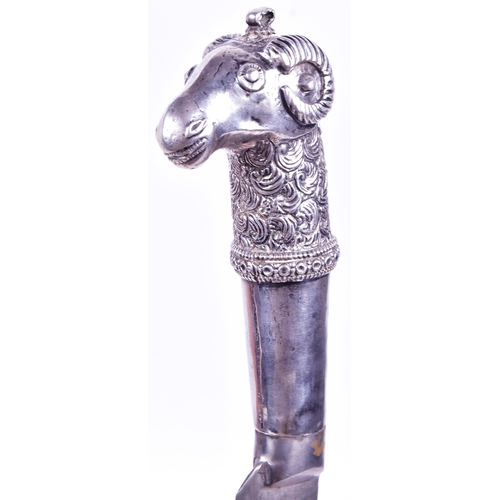 85 - A 19th Century Indian Mughal Empire Khanjar dagger. Silvered hilt in the form of a rams head with a ... 