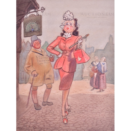 209 - Cartoon of a London Lady - a piece of original mixed media artwork, pencil and watercolour, depictin... 