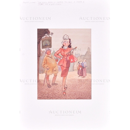 209 - Cartoon of a London Lady - a piece of original mixed media artwork, pencil and watercolour, depictin... 