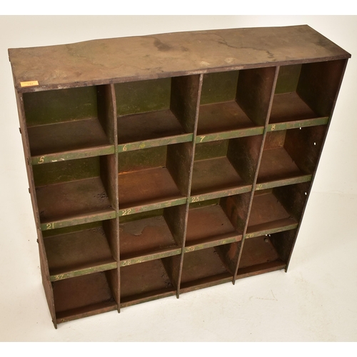 142 - A vintage 20th century factory industrial wall mounted / free standing pigeon holes metal cabinet. T... 