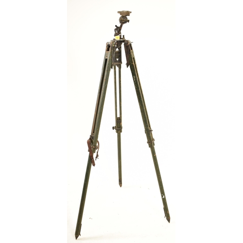 184 - A retro mid 20th century circa 1952 metal & wooden military survey tripod stand. The stand having a ... 