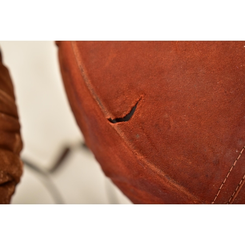 276 - A set of four retro 20th century suede leather & wrought iron bar stools. Each having a circular pad... 