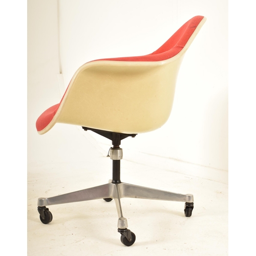 28 - RM & V - A matching pair of retro 20th century fiberglass and red fabric upholstered designer chairs... 