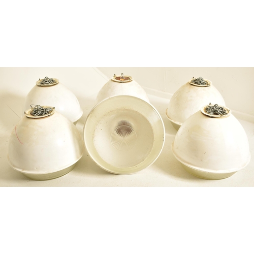 287 - A set of six retro 20th century enamel & glass industrial ceiling lights. Each light of spherical fo... 