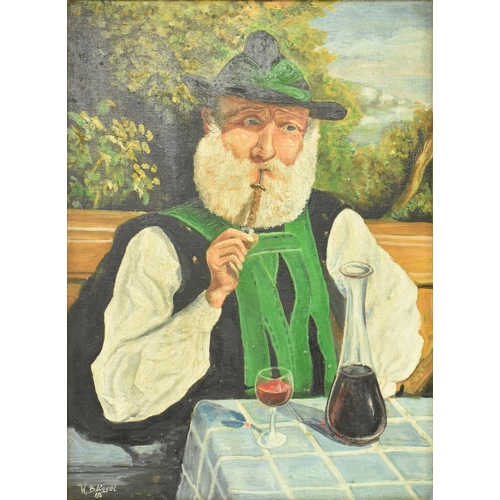 421 - A mid 20th century circa 1960 oil on canvas painting of Bavarian old man with pipe in traditional ga... 