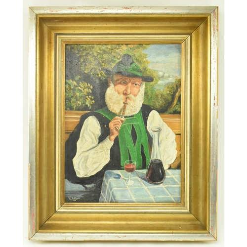 421 - A mid 20th century circa 1960 oil on canvas painting of Bavarian old man with pipe in traditional ga... 