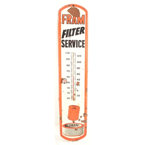 6 - Fram - A vintage mid 20th century American porcelain enamel advertising thermometer sign. The sign o... 