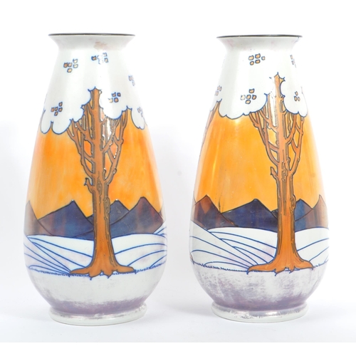 1 - Charlotte Rhead for Burleigh Ware - Art Nouveau style ceramic pair of vases. Tube lined with trees, ... 