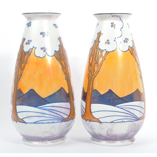 1 - Charlotte Rhead for Burleigh Ware - Art Nouveau style ceramic pair of vases. Tube lined with trees, ... 