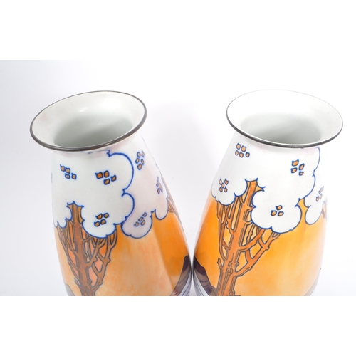 1 - Charlotte Rhead for Burleigh Ware - Art Nouveau style ceramic pair of vases. Tube lined with trees, ... 