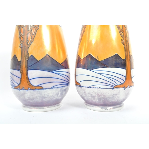 1 - Charlotte Rhead for Burleigh Ware - Art Nouveau style ceramic pair of vases. Tube lined with trees, ... 