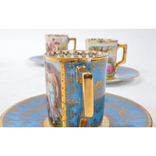 125 - A mid 20th Century china porcelain Royal Vienna style coffee service in blue ground with gilt patter... 