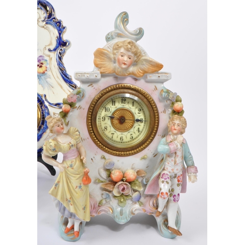 129 - Sitzendorf - A late 19th Century Sitzendorf porcelain mantel clock in pastel pink and blue ground wi... 