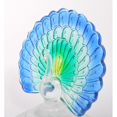 136 - A contemporary studio art glass ornament in the form of a peacock bird. Having green and blue feathe... 