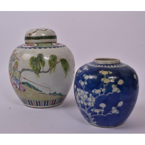 159 - A 19th Century porcelain Chinese blue and white prunus ginger jar of ovoid form and double ring mark... 