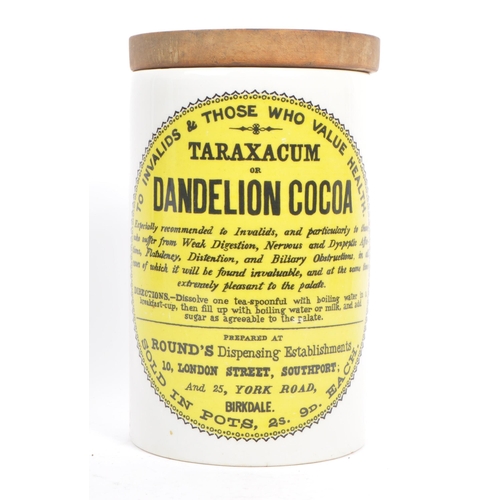 18 - A vintage 20th Century chemists ceramic Dandelion Cocoa large storage jar. Reads 'To invalids & thos... 